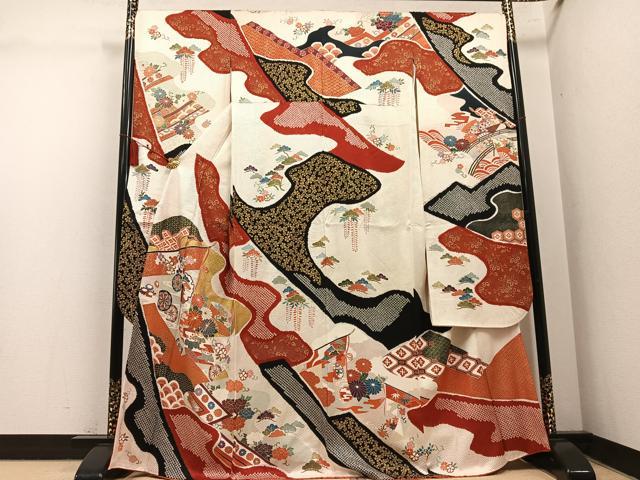 平和屋着物●豪華振袖　絞り　駒刺繍　几帳草花文　金彩　正絹　逸品　AABM6163ph