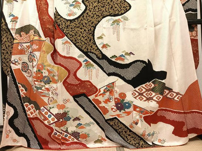 平和屋着物●豪華振袖　絞り　駒刺繍　几帳草花文　金彩　正絹　逸品　AABM6163ph