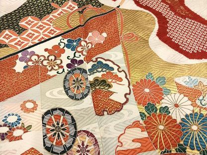 平和屋着物●豪華振袖　絞り　駒刺繍　几帳草花文　金彩　正絹　逸品　AABM6163ph