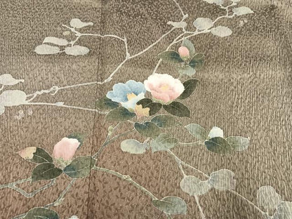 平和屋着物●訪問着　友禅　杢目絞り　枝花文　暈し染め　正絹　逸品　AABM6176ph