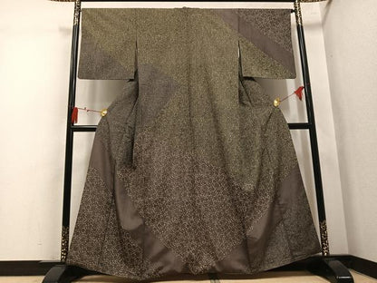 平和屋着物●訪問着　紬地　型染め　草花文　正絹　逸品　AABM6179ph