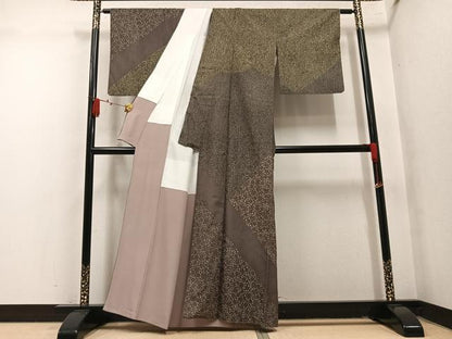 平和屋着物●訪問着　紬地　型染め　草花文　正絹　逸品　AABM6179ph