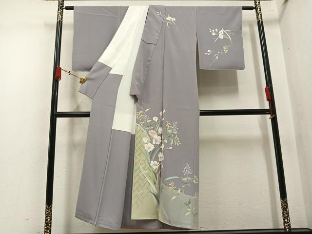 平和屋着物●訪問着　友禅　作家物　草花文　正絹　逸品　AABM6183ph