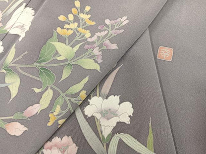 平和屋着物●訪問着　友禅　作家物　草花文　正絹　逸品　AABM6183ph