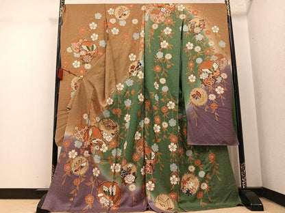 平和屋着物●豪華振袖　駒刺繍　雪輪花蝶文　暈し染め　金彩　丹後ちりめん　仮絵羽　逸品　未使用　AABM6205ph