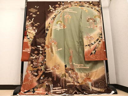 平和屋着物●豪華振袖　駒刺繍　飛鶴草花宝尽くし　暈し染め　金彩　仮絵羽　逸品　未使用　AABM6206ph