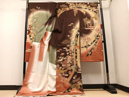 平和屋着物●豪華振袖　駒刺繍　飛鶴草花宝尽くし　暈し染め　金彩　仮絵羽　逸品　未使用　AABM6206ph