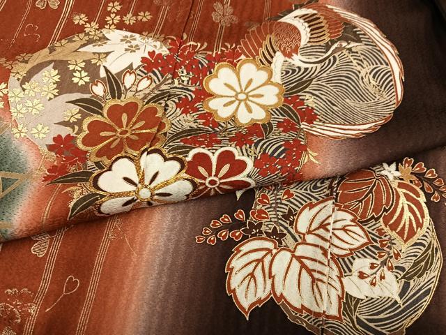 平和屋着物●豪華振袖　駒刺繍　しぼり織　飛鶴草花文　暈し染め　金彩　仮絵羽　逸品　未使用　AABM6207ph