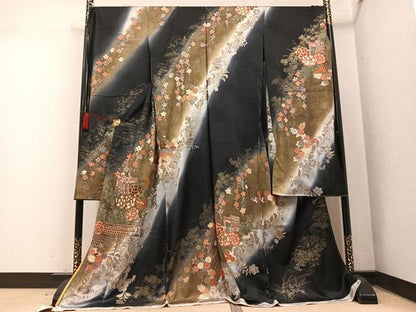 平和屋着物●フランソワーズ・モレシャン　振袖　御所車更紗花文　暈し染め　黒地　仮絵羽　逸品　未使用　AABM6211ph