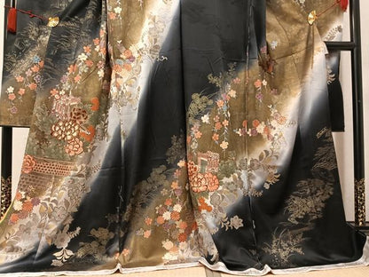 平和屋着物●フランソワーズ・モレシャン　振袖　御所車更紗花文　暈し染め　黒地　仮絵羽　逸品　未使用　AABM6211ph