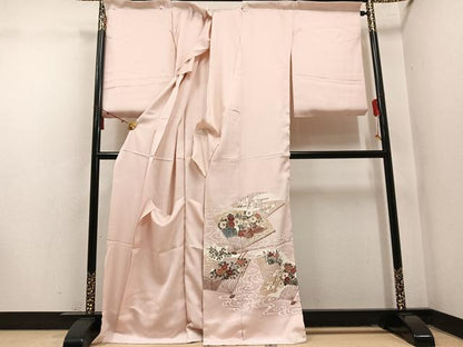 平和屋着物●色留訪問着　扇面花鳥文　金彩　仮絵羽　正絹　逸品　未使用　AABM6239ph