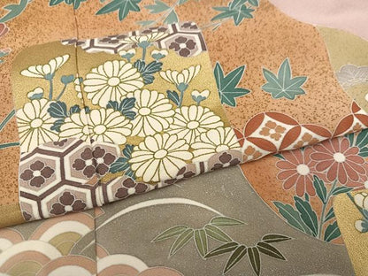 平和屋着物●色留訪問着　吉祥草花文　金彩　浜ちりめん　仮絵羽　正絹　逸品　未使用　AABM6242ph