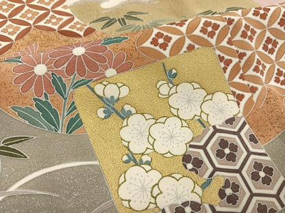 平和屋着物●色留訪問着　吉祥草花文　金彩　浜ちりめん　仮絵羽　正絹　逸品　未使用　AABM6242ph