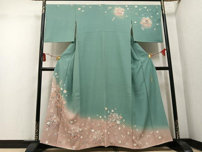 平和屋着物●皇室デザイナー　中村乃武夫　訪問着　草花文　暈し染め　金彩　正絹　逸品　AABM6243ph