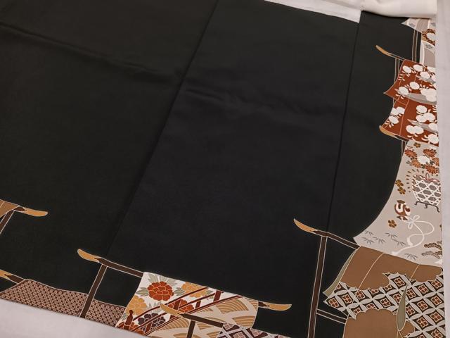 平和屋着物●豪華黒留袖　駒刺繍　誰が袖花文　金彩　正絹　逸品　AABM6247ph