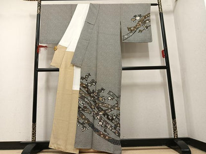 平和屋着物●訪問着　花唐草熨斗文　黒地　金彩　正絹　逸品　AABM6258ph