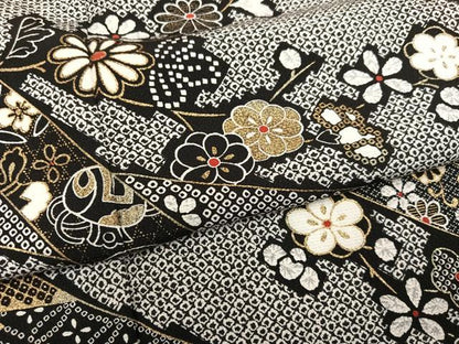 平和屋着物●訪問着　花唐草熨斗文　黒地　金彩　正絹　逸品　AABM6258ph