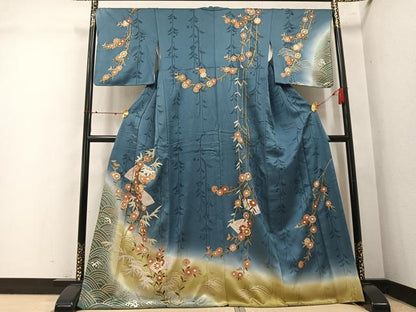 平和屋着物●訪問着　駒刺繍　地紙草花文　暈し染め　金彩　正絹　逸品　AABM6273ph