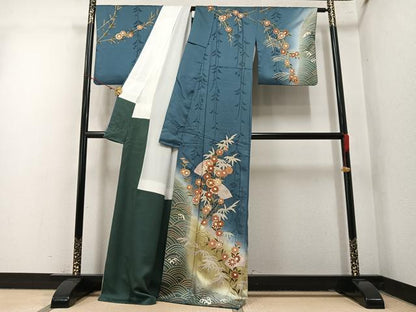平和屋着物●訪問着　駒刺繍　地紙草花文　暈し染め　金彩　正絹　逸品　AABM6273ph
