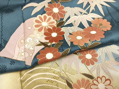 平和屋着物●訪問着　駒刺繍　地紙草花文　暈し染め　金彩　正絹　逸品　AABM6273ph