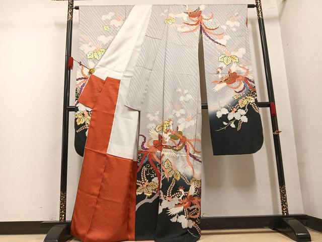 平和屋着物●豪華振袖　駒刺繍　鳳凰桐文　暈し染め　金銀彩　正絹　逸品　AABM6285ph