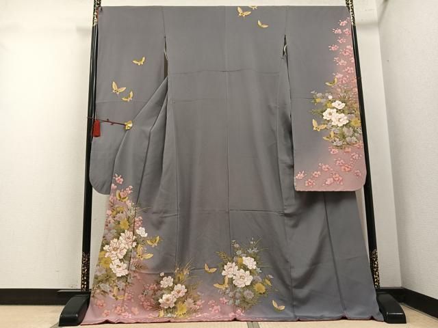 平和屋着物●豪華振袖　刺繍　花蝶文　暈し染め　金彩　ロング丈　正絹　逸品　AABM6294ph