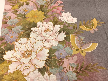 平和屋着物●豪華振袖　刺繍　花蝶文　暈し染め　金彩　ロング丈　正絹　逸品　AABM6294ph