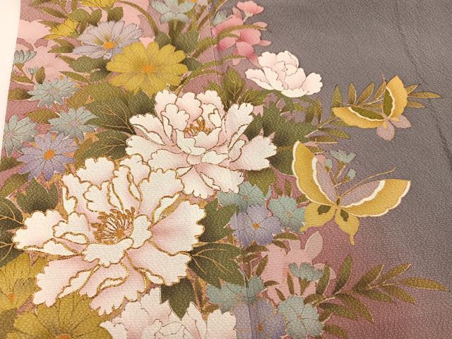 平和屋着物●豪華振袖　刺繍　花蝶文　暈し染め　金彩　ロング丈　正絹　逸品　AABM6294ph