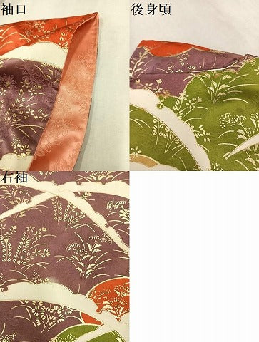 平和屋着物●豪華振袖　駒刺繍　雪芝草花文　金彩　正絹　逸品　AABM6308ph