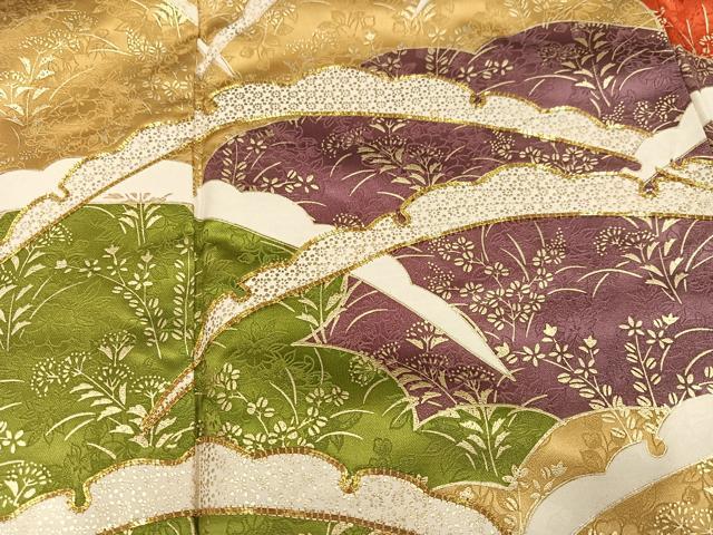 平和屋着物●豪華振袖　駒刺繍　雪芝草花文　金彩　正絹　逸品　AABM6308ph