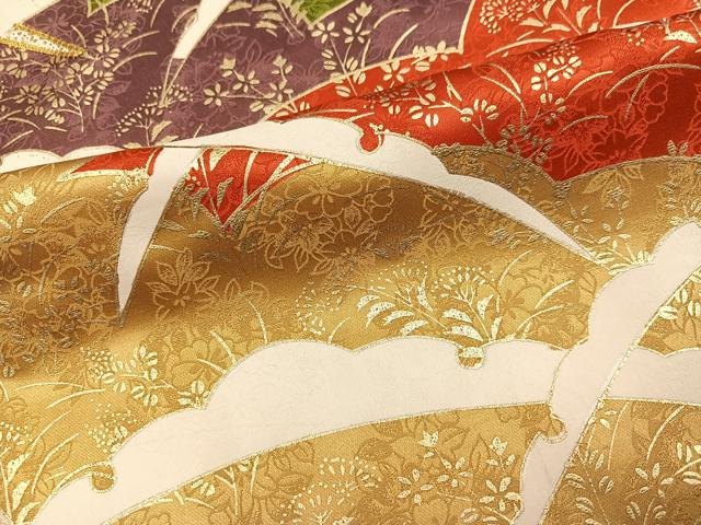 平和屋着物●豪華振袖　駒刺繍　雪芝草花文　金彩　正絹　逸品　AABM6308ph