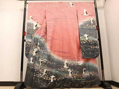 平和屋着物●豪華振袖　群れ鶴舞桜文　暈し染め　金銀彩　鈴乃屋扱い　正絹　逸品　AABM6311ph
