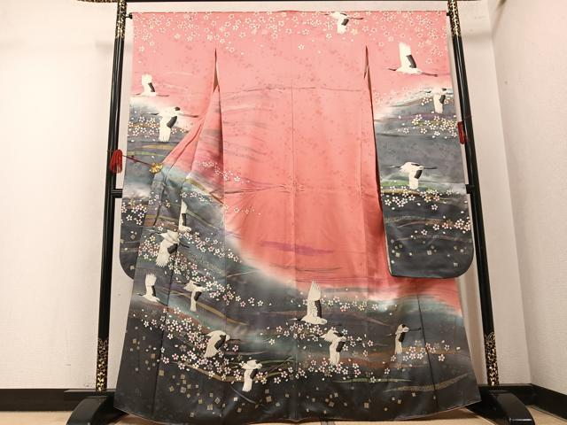 平和屋着物●豪華振袖　群れ鶴舞桜文　暈し染め　金銀彩　鈴乃屋扱い　正絹　逸品　AABM6311ph