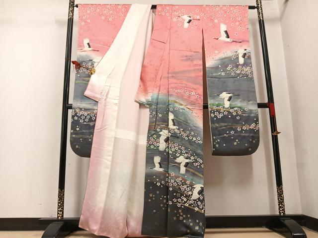 平和屋着物●豪華振袖　群れ鶴舞桜文　暈し染め　金銀彩　鈴乃屋扱い　正絹　逸品　AABM6311ph