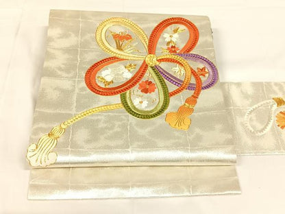 平和屋着物◎九寸名古屋帯　駒刺繍　結び紐花文　銀糸　正絹　逸品　AABM6442dk