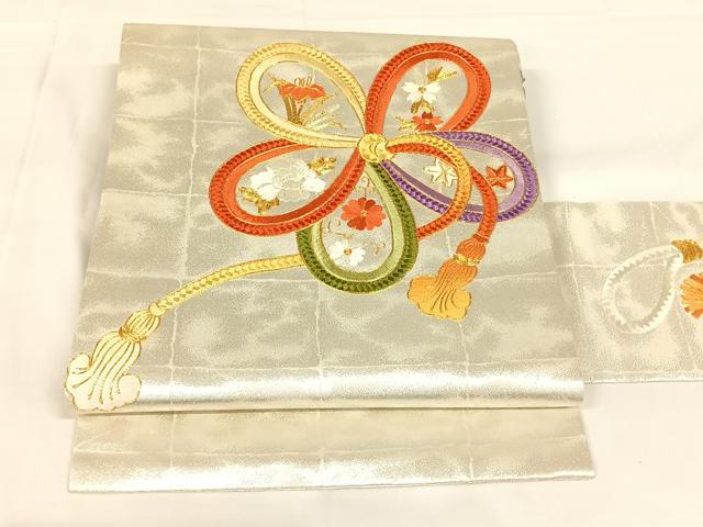 平和屋着物◎九寸名古屋帯　駒刺繍　結び紐花文　銀糸　正絹　逸品　AABM6442dk