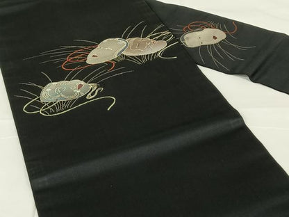 平和屋着物◎九寸名古屋帯　能面　黒地　金糸　正絹　逸品　AABM6443dk
