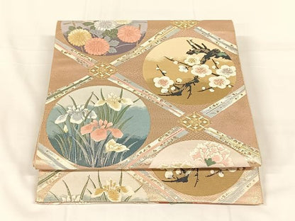 平和屋着物◎六通柄袋帯　唐織　九百錦　扇菱四君子文　正絹　逸品　AABM6448dk