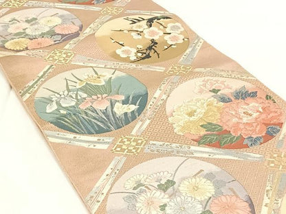 平和屋着物◎六通柄袋帯　唐織　九百錦　扇菱四君子文　正絹　逸品　AABM6448dk