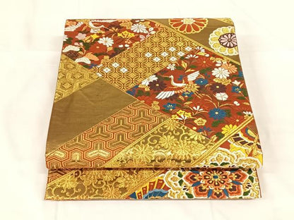 平和屋着物◎六通柄袋帯　唐織　慶長錦織　飛鶴花文　金糸　正絹　逸品　AABM6453dk