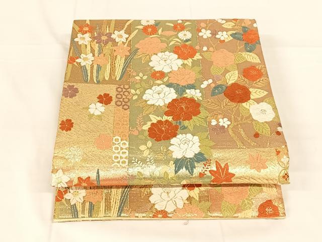 平和屋着物◎六通柄袋帯　唐織　草花文　金糸　正絹　逸品　AABM6454dk