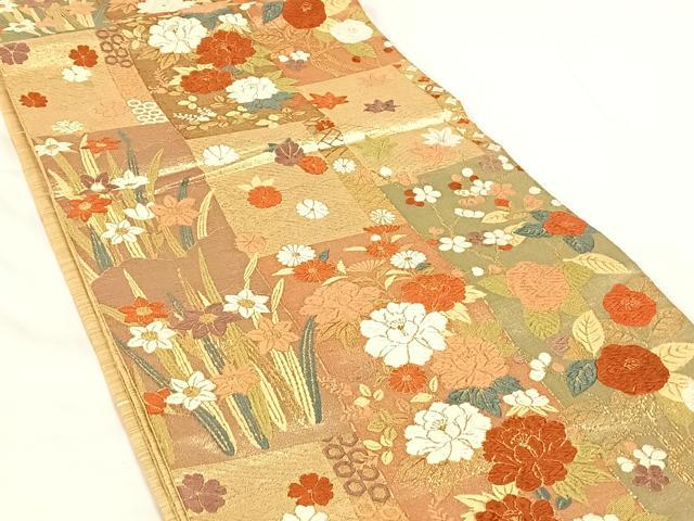 平和屋着物◎六通柄袋帯　唐織　草花文　金糸　正絹　逸品　AABM6454dk