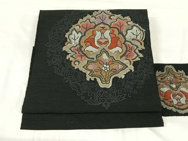 平和屋着物◎八寸名古屋帯　紬地　更紗花文　黒地　正絹　逸品　AABM6463dk