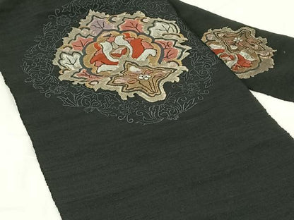 平和屋着物◎八寸名古屋帯　紬地　更紗花文　黒地　正絹　逸品　AABM6463dk