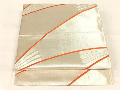 平和屋着物◎六通柄袋帯　舞扇文　銀糸　正絹　逸品　AABM6471dk