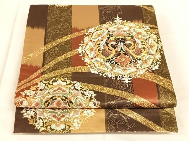 平和屋着物◎西陣　谷常織物謹製　六通柄袋帯　唐織　向かい鳥花文　金糸　反端付き　正絹　逸品　AABM6476dk