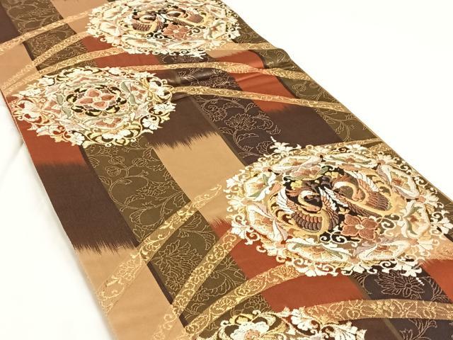 平和屋着物◎西陣　谷常織物謹製　六通柄袋帯　唐織　向かい鳥花文　金糸　反端付き　正絹　逸品　AABM6476dk