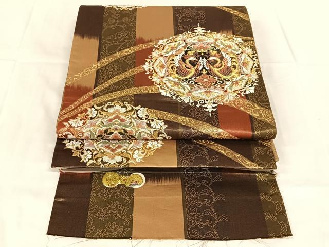 平和屋着物◎西陣　谷常織物謹製　六通柄袋帯　唐織　向かい鳥花文　金糸　反端付き　正絹　逸品　AABM6476dk