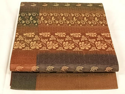 平和屋着物◎全通柄袋帯　ふくれ織　横段花唐草文　金糸　正絹　逸品　AABM6480dk