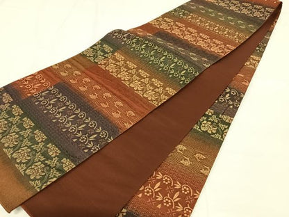 平和屋着物◎全通柄袋帯　ふくれ織　横段花唐草文　金糸　正絹　逸品　AABM6480dk